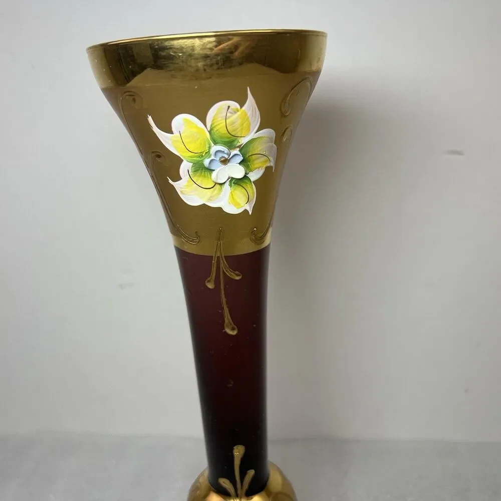Bohemian Czech Ruby Red Murano Glass Bud Vase 18k Gold Hand Painted Flowers 10”